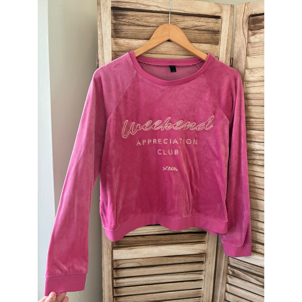 XOXO Pink Velour Weekend Appreciation Club Sweatshirt Y2K Raglan Pullover L